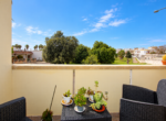 Balcone soleggiato con piante e vista suburbana